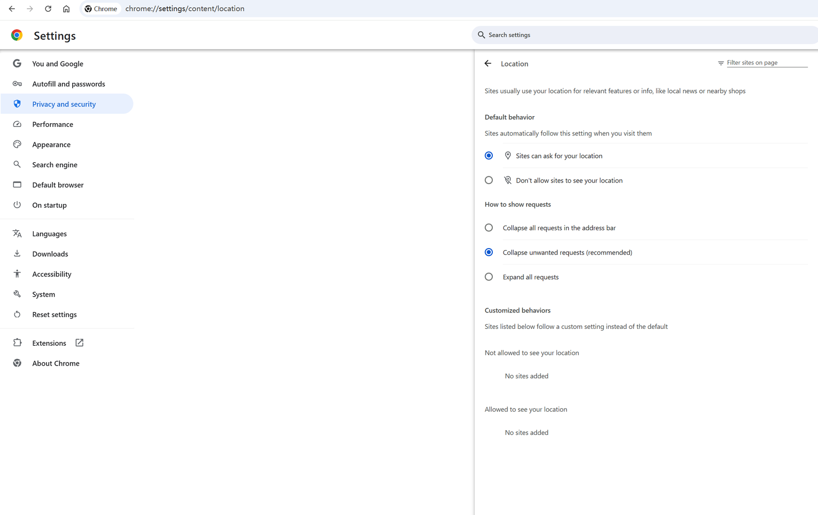 Chrome location permission settings page