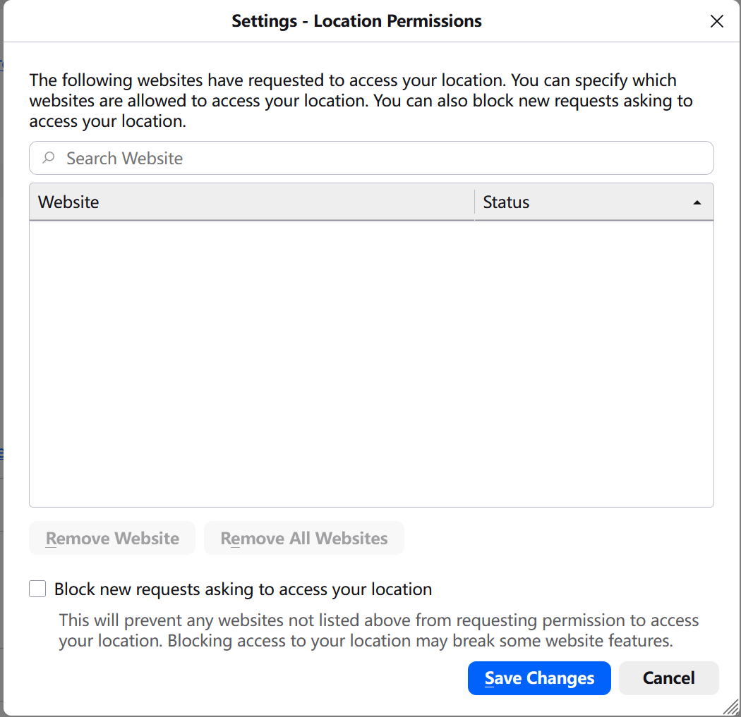 Firefox location permissions settings dialog